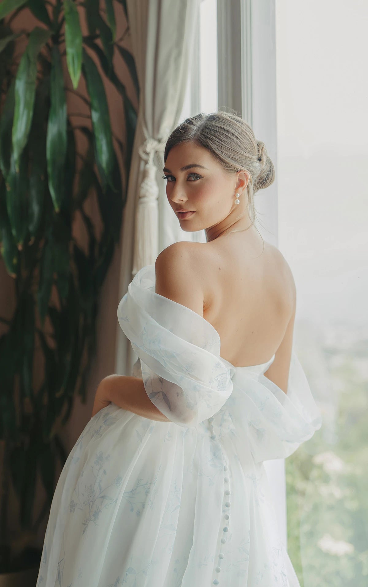 SY8215 - Printed Organza Off-the-Shoulder Wedding Dress with Basque Waist