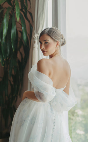 SY8215 - Printed Organza Off-the-Shoulder Wedding Dress with Basque Waist