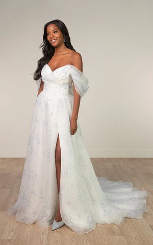 SY8215 - Printed Organza Off-the-Shoulder Wedding Dress with Basque Waist