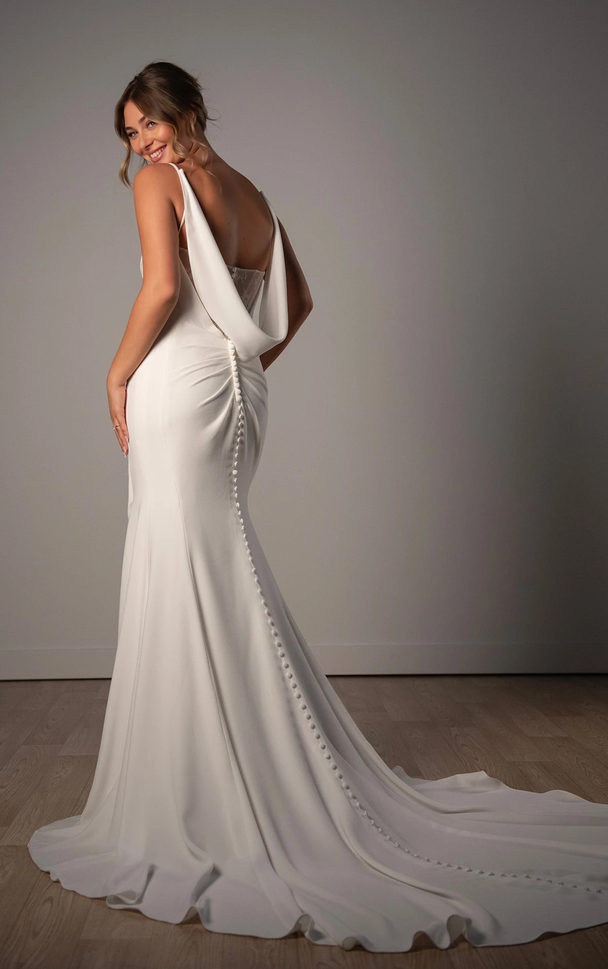 SY8224 - Sheath Wedding Dress with Spaghetti Straps and Detachable Cowl