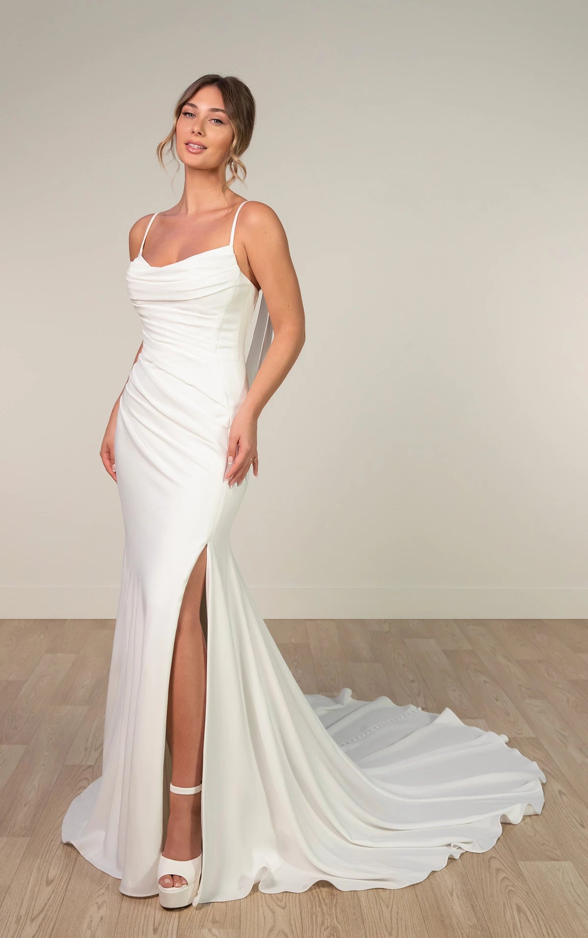 SY8224 - Sheath Wedding Dress with Spaghetti Straps and Detachable Cowl
