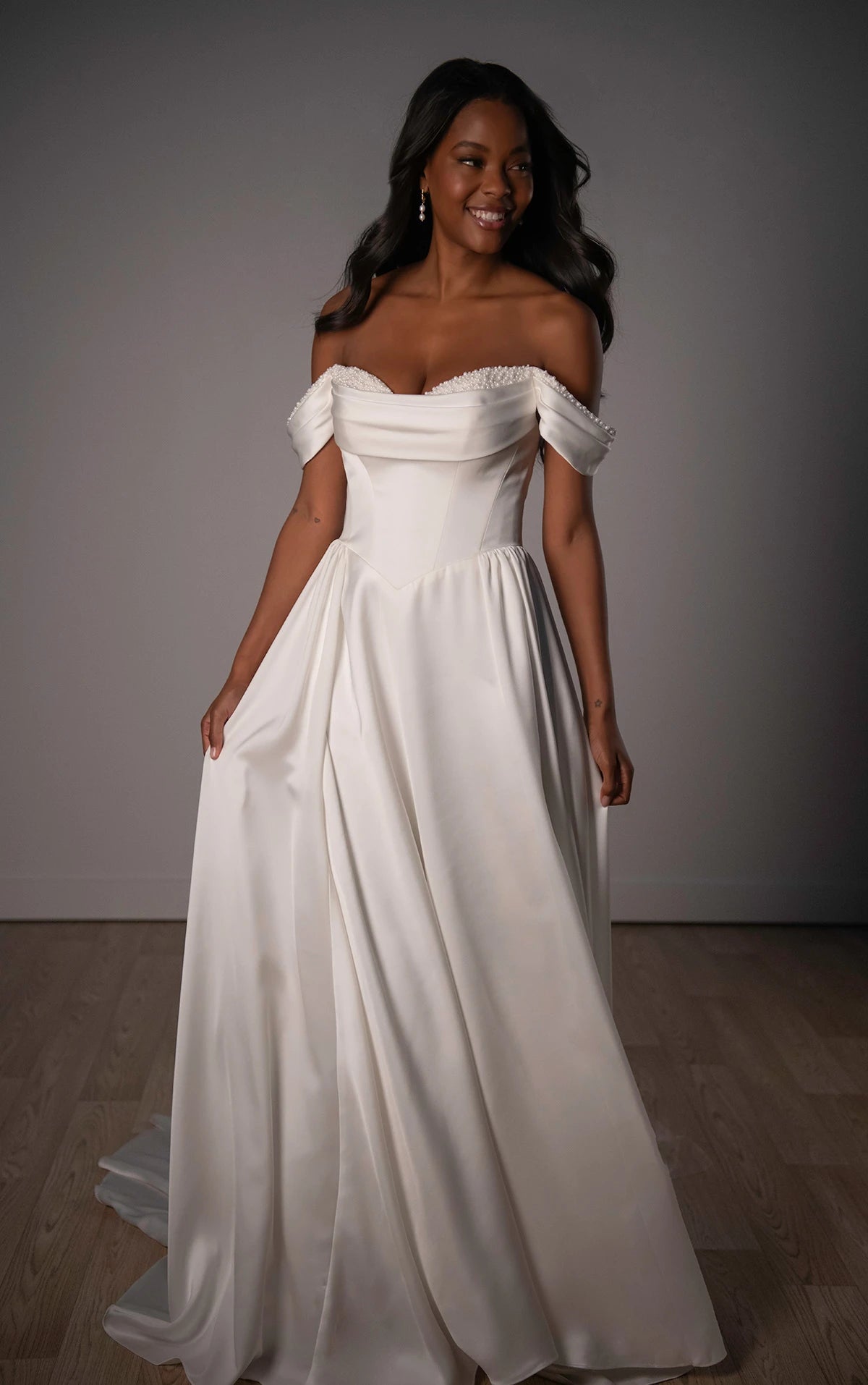 SY8236 - Satin A-Line Wedding Dress with Pearl Sweetheart Neckline