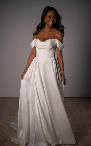 SY8236 - Satin A-Line Wedding Dress with Pearl Sweetheart Neckline