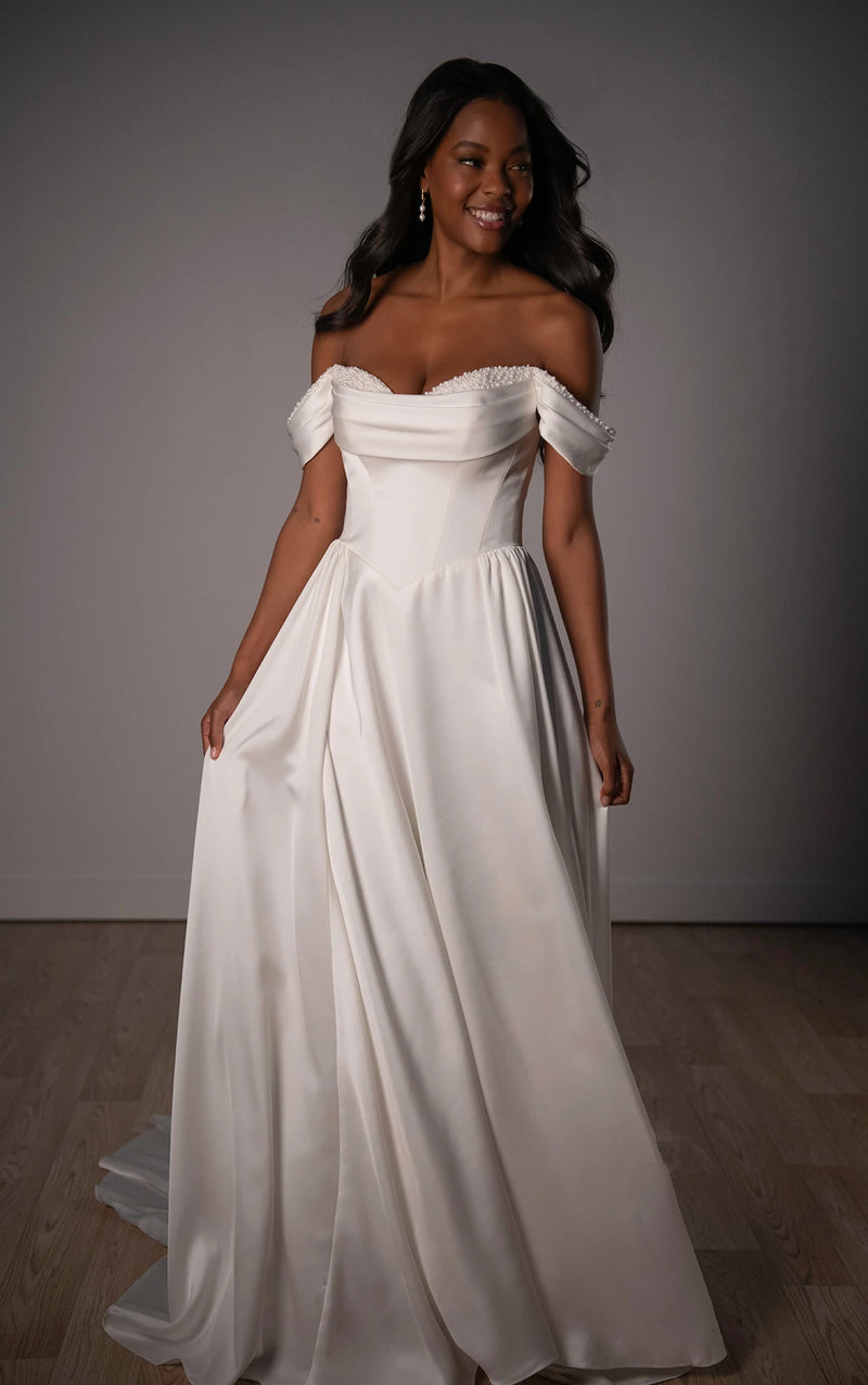 SY8236 - Satin A-Line Wedding Dress with Pearl Sweetheart Neckline
