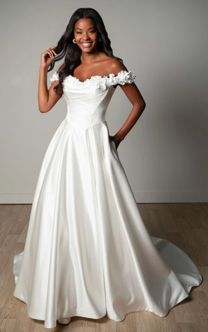 SY8288 - Off-the-Shoulder Satin A-Line Wedding Gown with Floral Neckline and Pockets