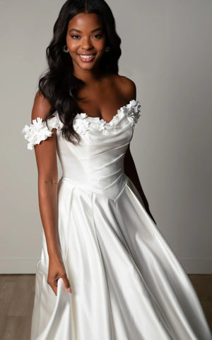 SY8288 - Off-the-Shoulder Satin A-Line Wedding Gown with Floral Neckline and Pockets