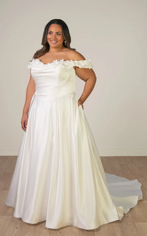 SY8288 - Off-the-Shoulder Satin A-Line Wedding Gown with Floral Neckline and Pockets