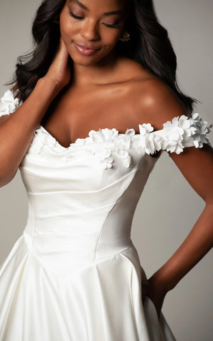 SY8288 - Off-the-Shoulder Satin A-Line Wedding Gown with Floral Neckline and Pockets