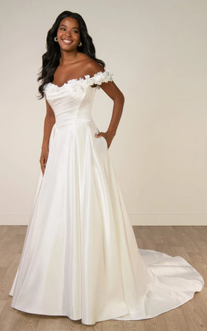 SY8288 - Off-the-Shoulder Satin A-Line Wedding Gown with Floral Neckline and Pockets