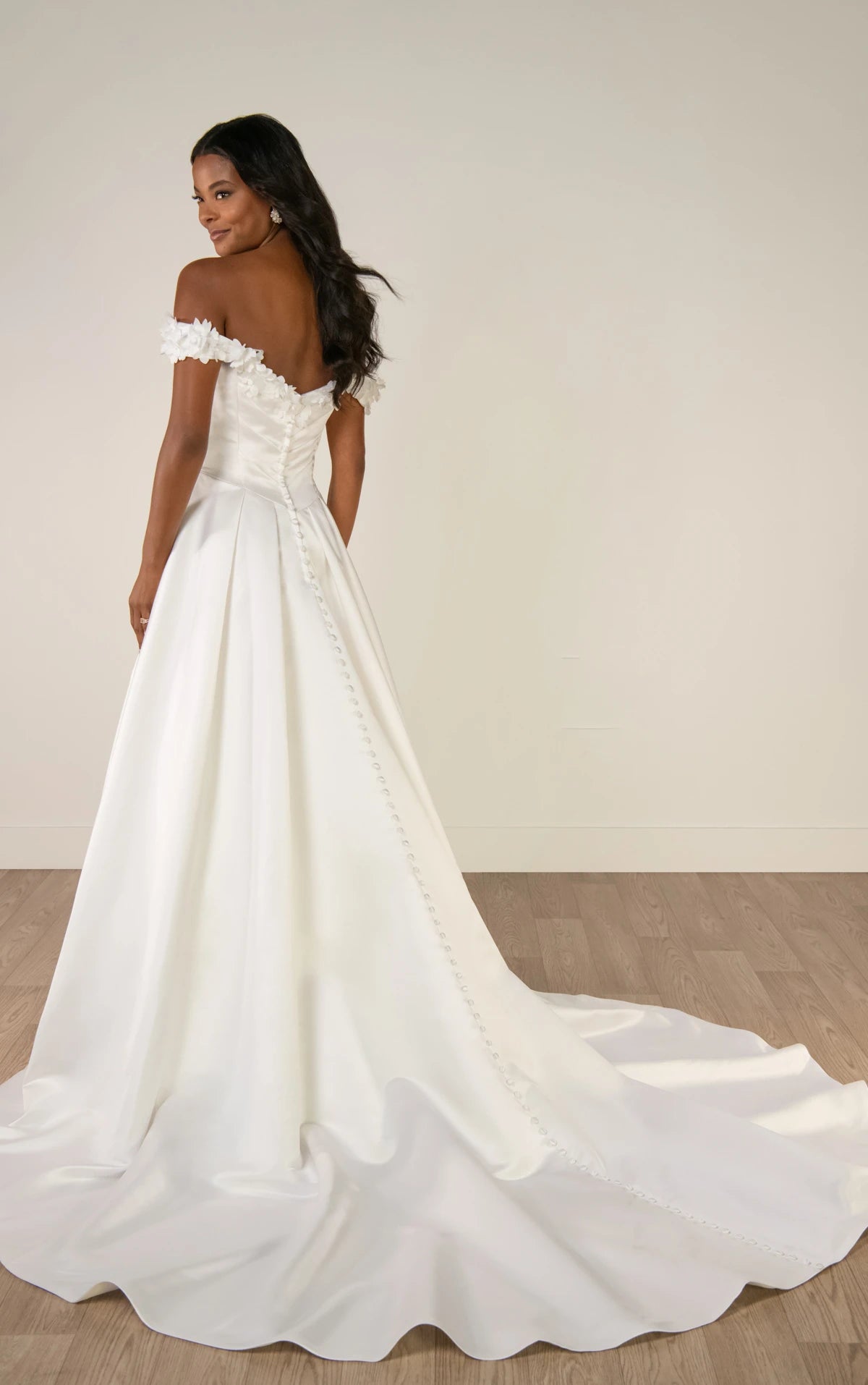 SY8288 - Off-the-Shoulder Satin A-Line Wedding Gown with Floral Neckline and Pockets