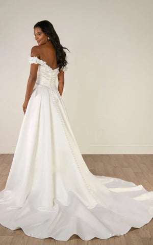 SY8288 - Off-the-Shoulder Satin A-Line Wedding Gown with Floral Neckline and Pockets
