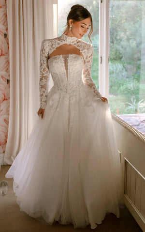SY8324 - Lace and Tulle A-Line Wedding Gown with Plunge Neckline and Removable High-Neck Topper