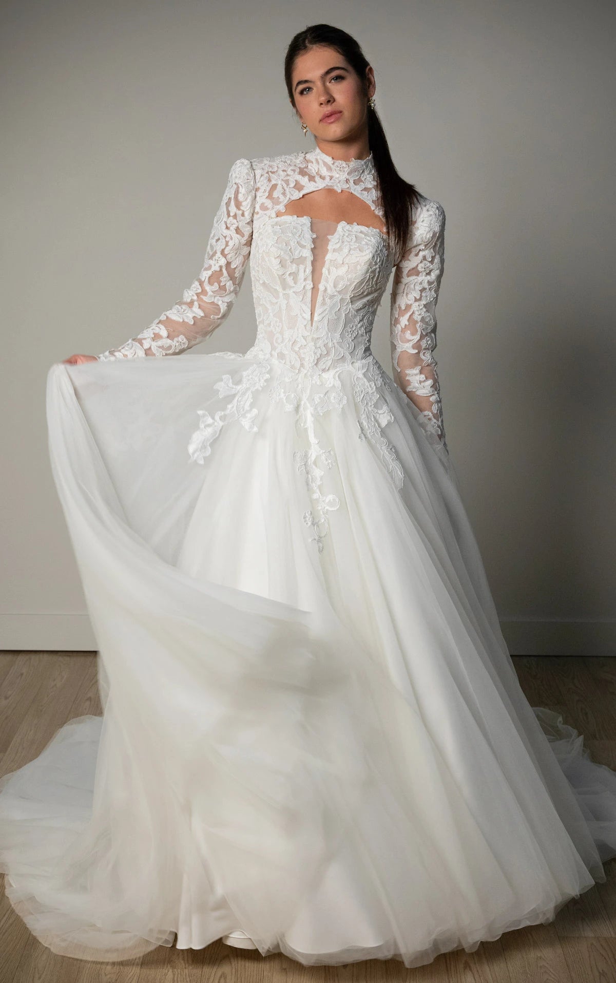 SY8324 - Lace and Tulle A-Line Wedding Gown with Plunge Neckline and Removable High-Neck Topper