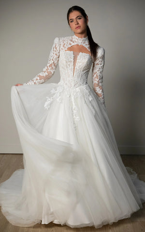 SY8324 - Lace and Tulle A-Line Wedding Gown with Plunge Neckline and Removable High-Neck Topper