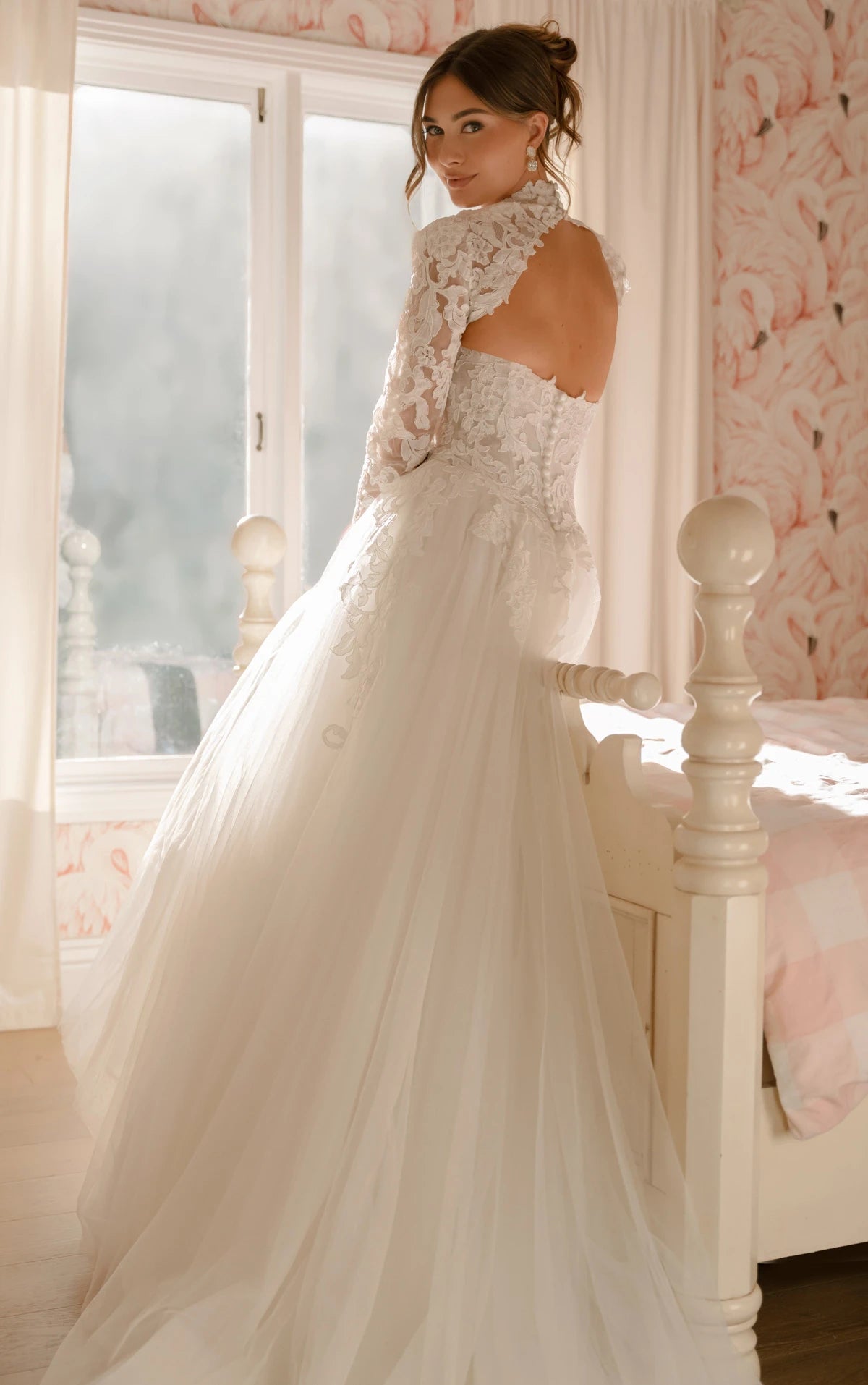 SY8324 - Lace and Tulle A-Line Wedding Gown with Plunge Neckline and Removable High-Neck Topper