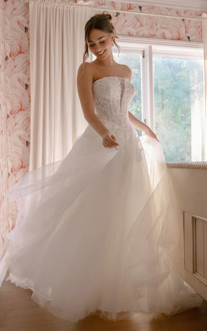 SY8324 - Lace and Tulle A-Line Wedding Gown with Plunge Neckline and Removable High-Neck Topper