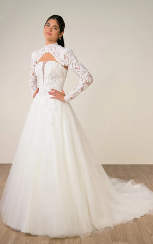 SY8324 - Lace and Tulle A-Line Wedding Gown with Plunge Neckline and Removable High-Neck Topper