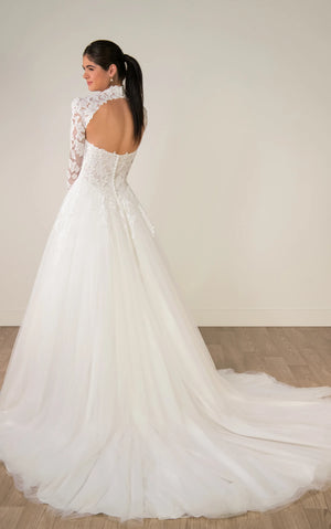 SY8324 - Lace and Tulle A-Line Wedding Gown with Plunge Neckline and Removable High-Neck Topper