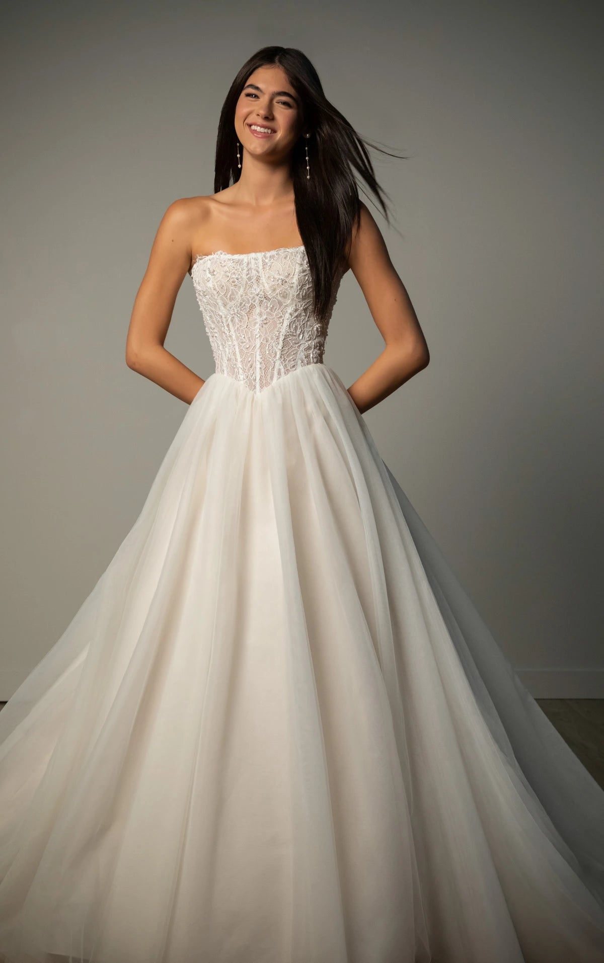 SY8342 - Strapless Lace and Tulle A-Line Wedding Gown with Beaded Corset Bodice