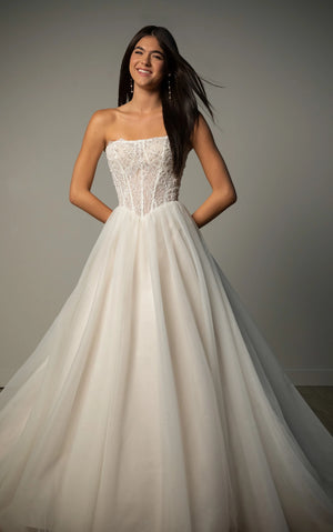 SY8342 - Strapless Lace and Tulle A-Line Wedding Gown with Beaded Corset Bodice