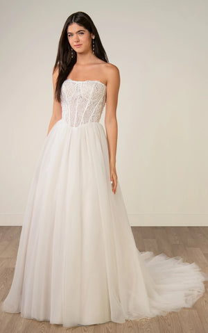 SY8342 - Strapless Lace and Tulle A-Line Wedding Gown with Beaded Corset Bodice