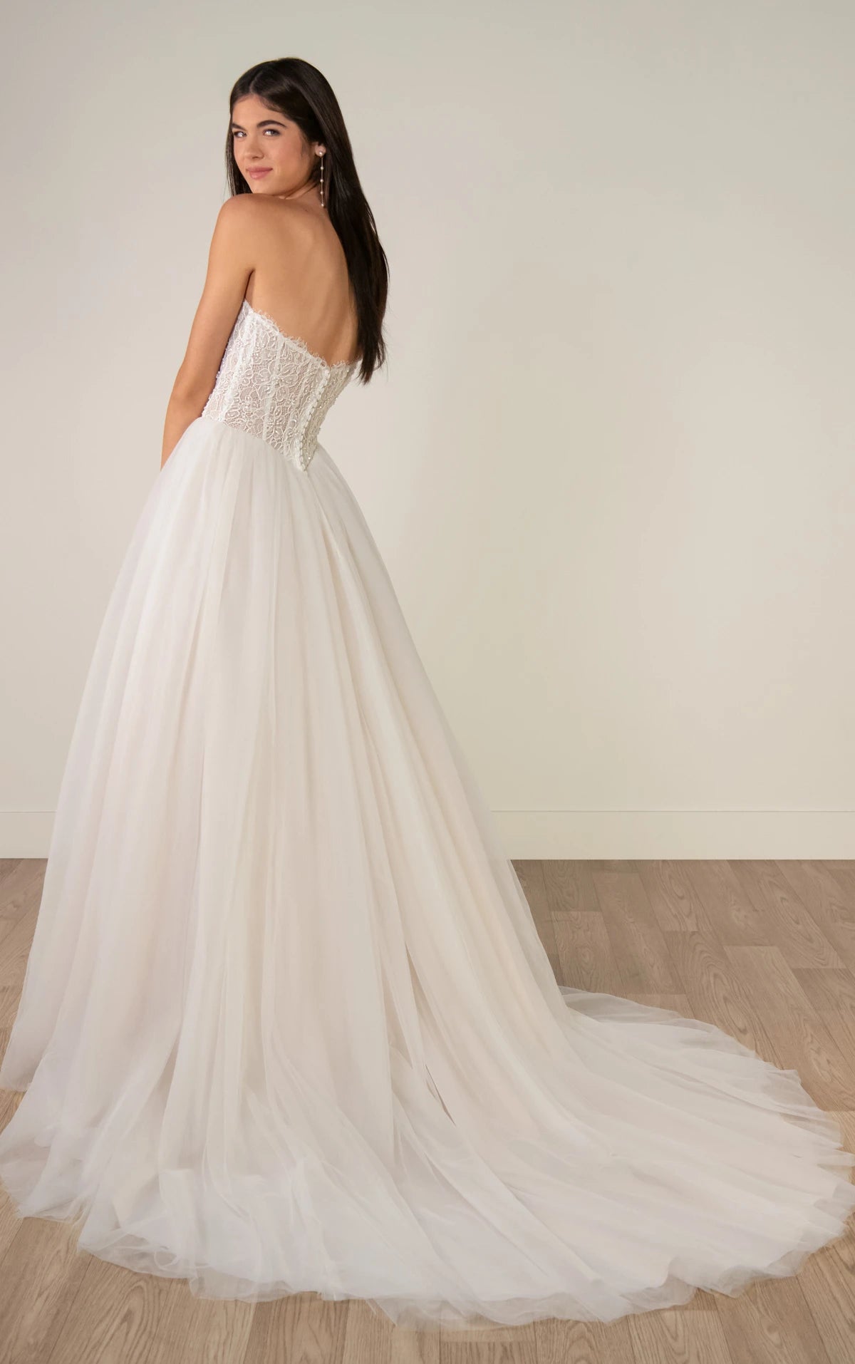 SY8342 - Strapless Lace and Tulle A-Line Wedding Gown with Beaded Corset Bodice