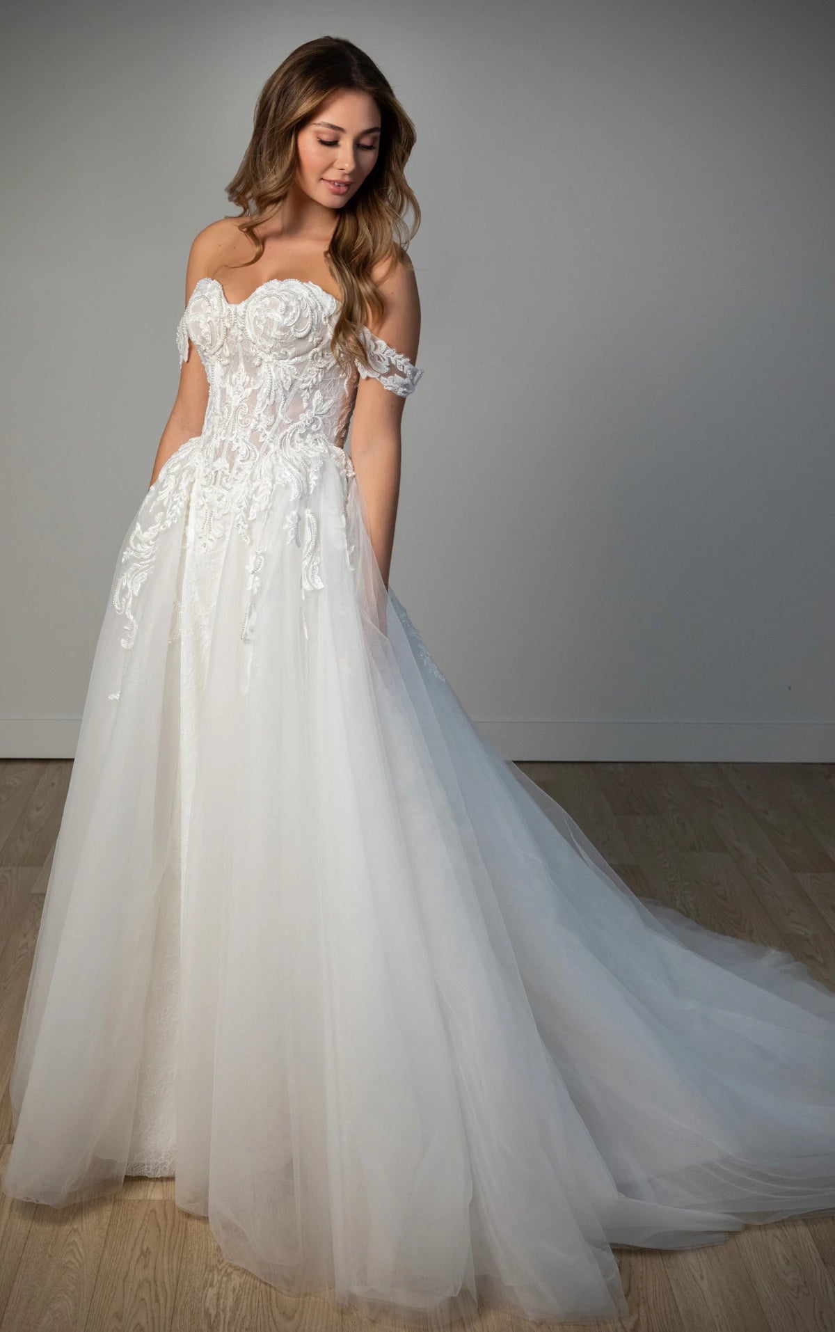 SY8345 -Off-the-Shoulder Lace and Tulle A-Line Wedding Gown with Detachable Floral Straps