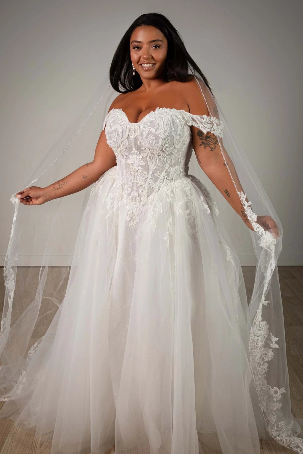 SY8345 -Off-the-Shoulder Lace and Tulle A-Line Wedding Gown with Detachable Floral Straps