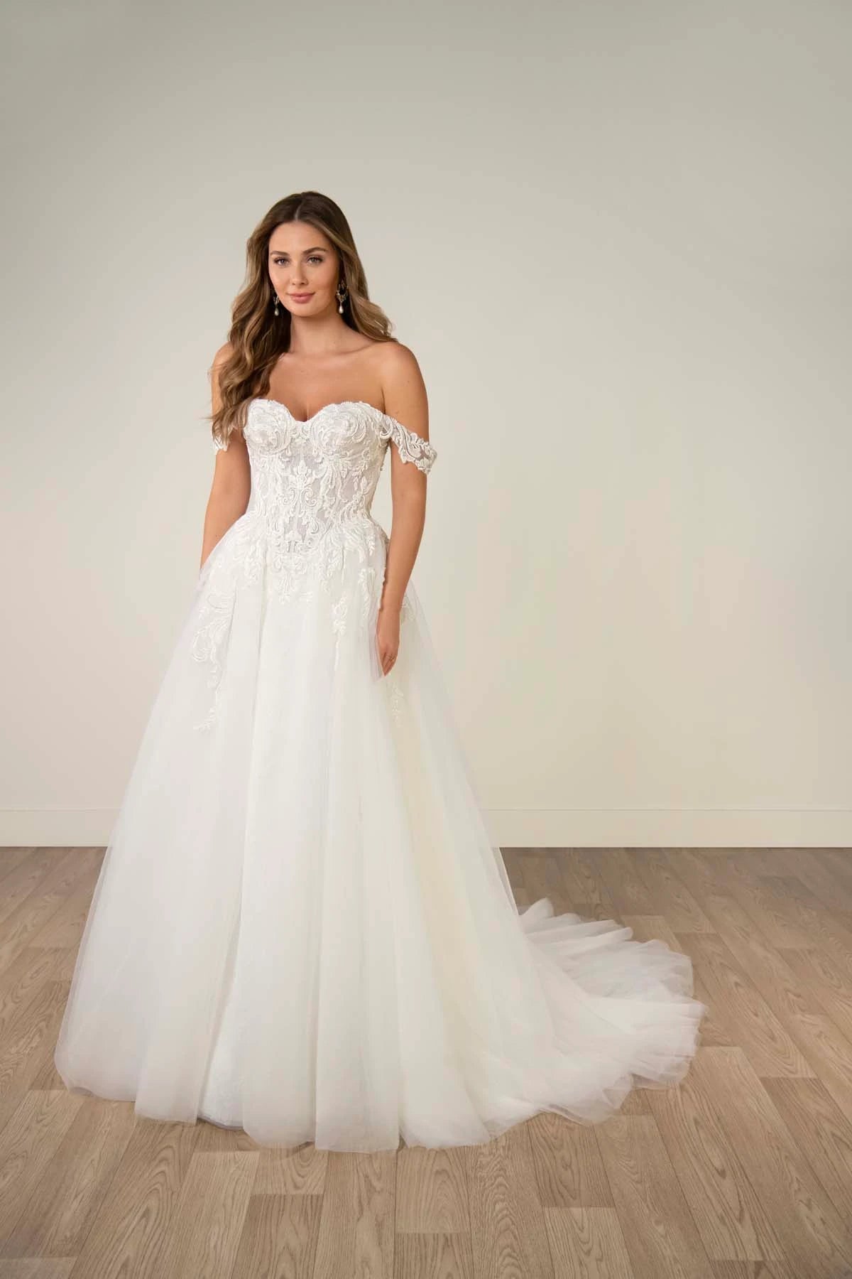 SY8345 -Off-the-Shoulder Lace and Tulle A-Line Wedding Gown with Detachable Floral Straps