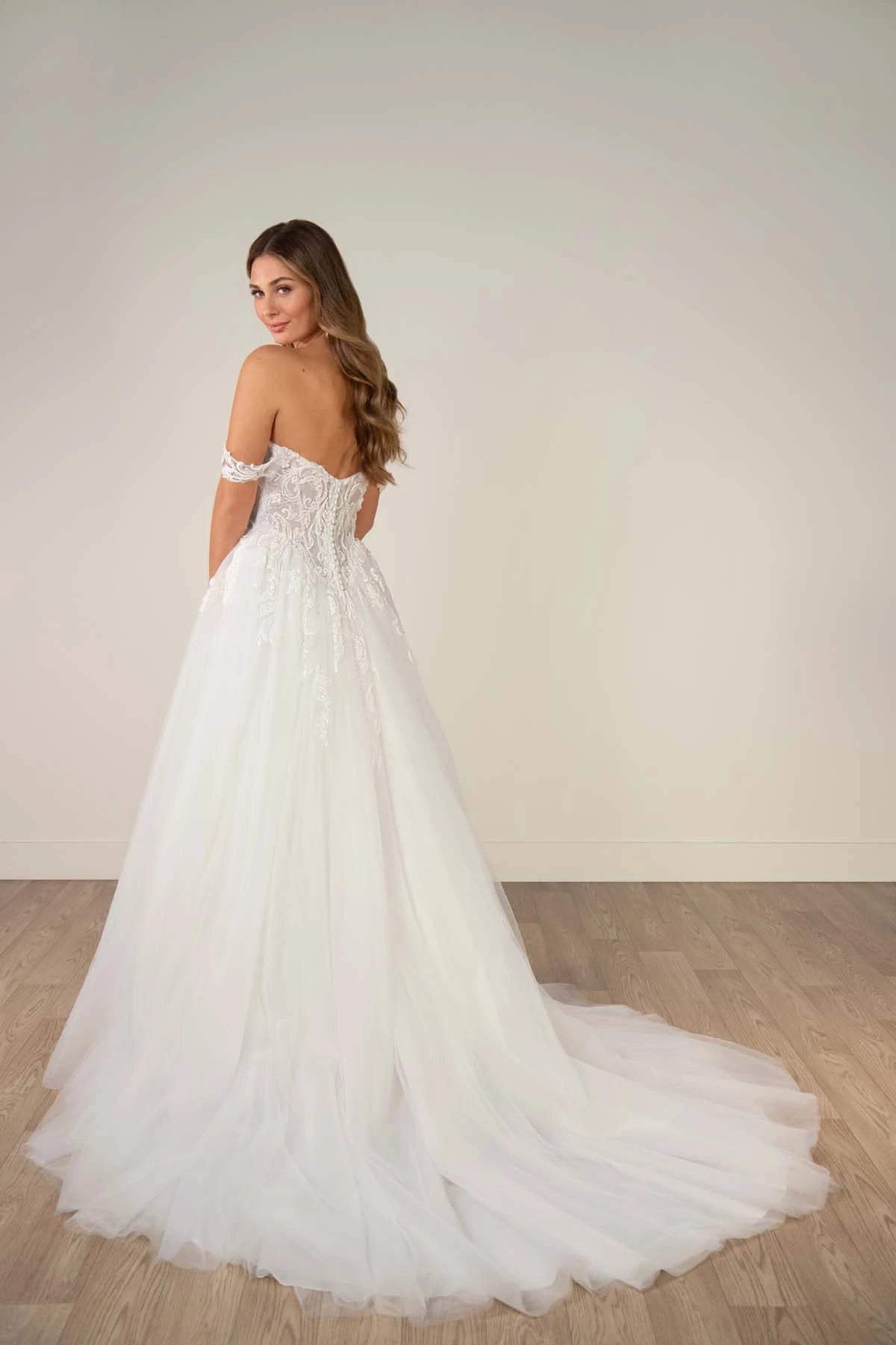 SY8345 -Off-the-Shoulder Lace and Tulle A-Line Wedding Gown with Detachable Floral Straps