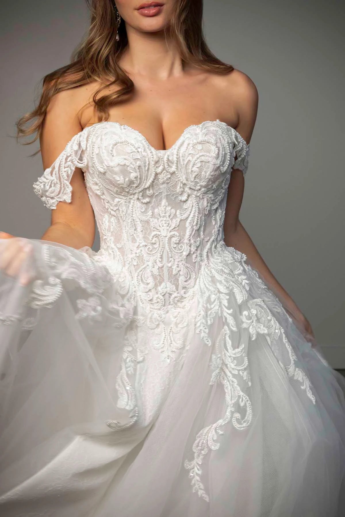 SY8345 -Off-the-Shoulder Lace and Tulle A-Line Wedding Gown with Detachable Floral Straps