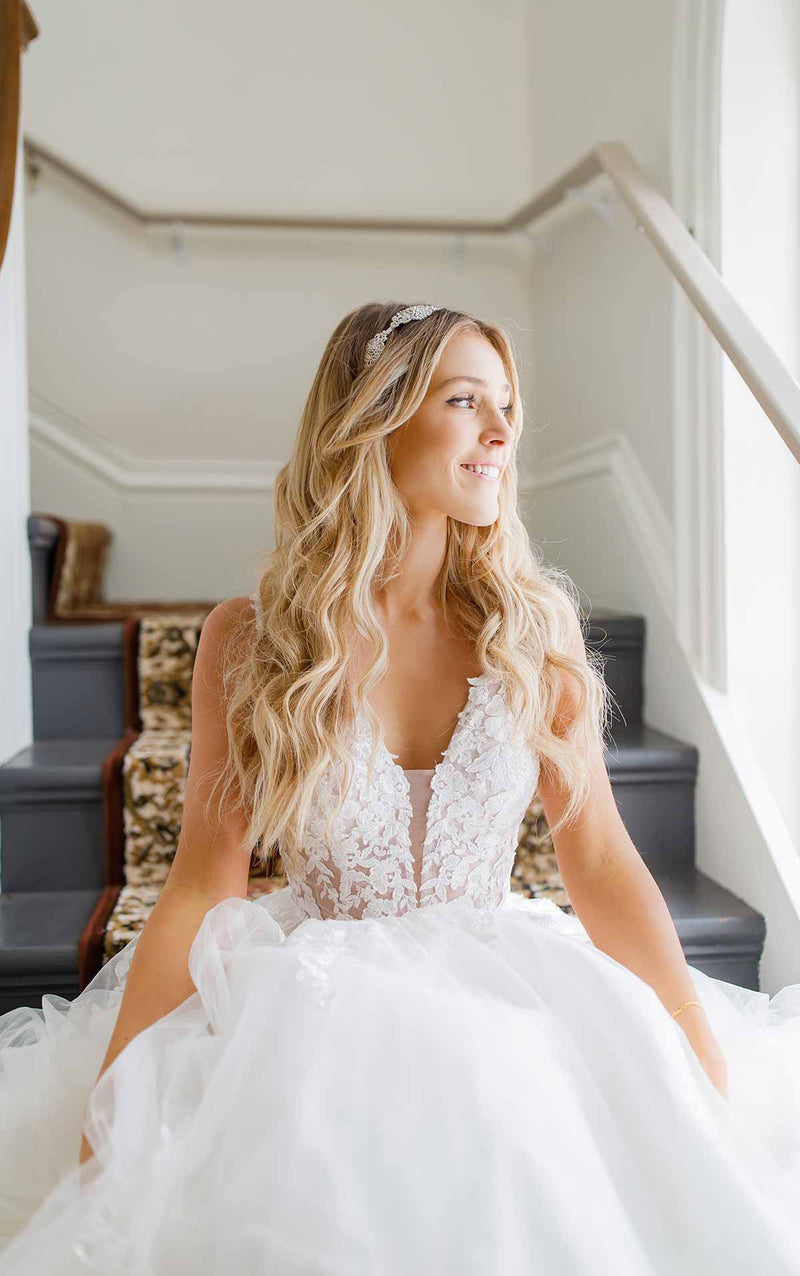 7194 - Floral Lace Wedding Dress with Plunging V-Neckline