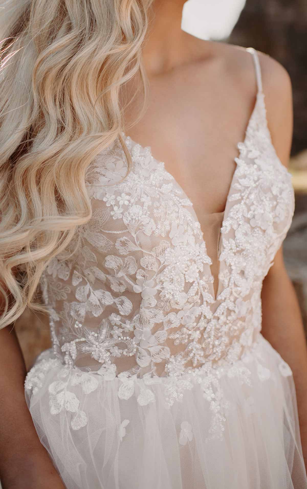 7340 - V-Neckline Wedding Dress with Floral Details