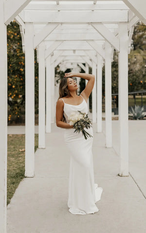 7582 - Sleek & Modern Column Wedding Dress with Cowl Neckline