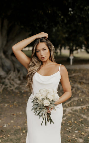 7582 - Sleek & Modern Column Wedding Dress with Cowl Neckline