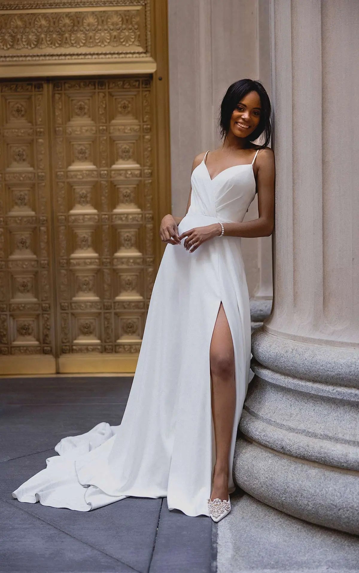 a line wedding dress with slit Strapless A-Line High Leg beaded and exquisite floral embroidered lace LaDivine 7469W Long Simple A